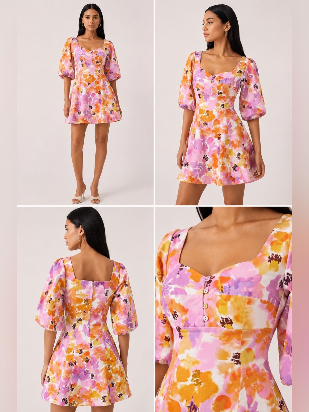 NICHOLAS Floral Cotton Stretch Mini Dress Puff Sleeve Fit & Flare Size US 4